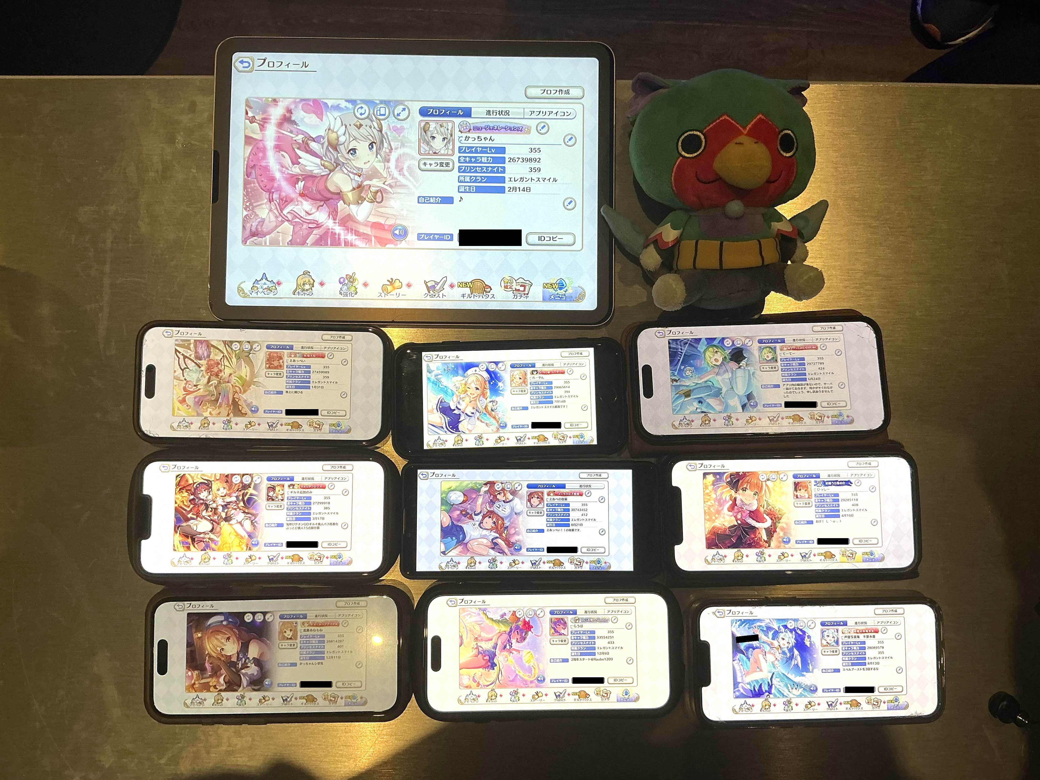 第1回神戸オフ会で、プリコネのプロフィール画面を表示した端末とぬいぐるみを並べた記念写真。
